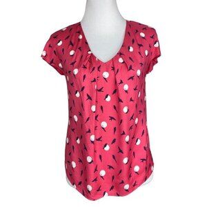 Boden Silk Blend Flying Bird Print V-Neck Blouse Pink Navy US 2 WA745 Cap Sleeve